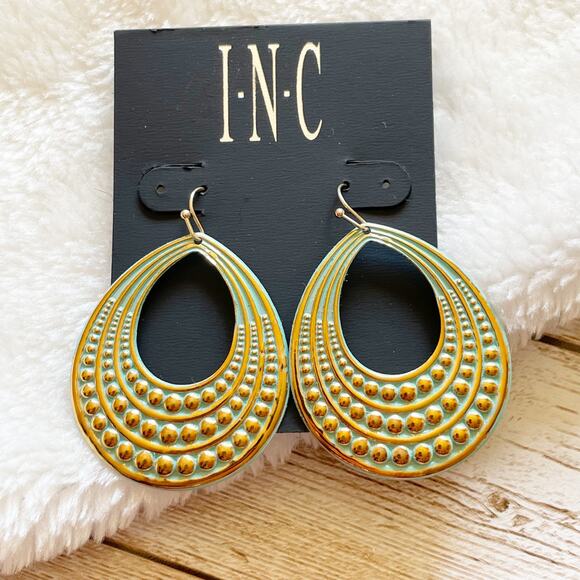 INC Oval Textured Drop Earrings Gold Tone Turquoise New - Picture 2 of 6
